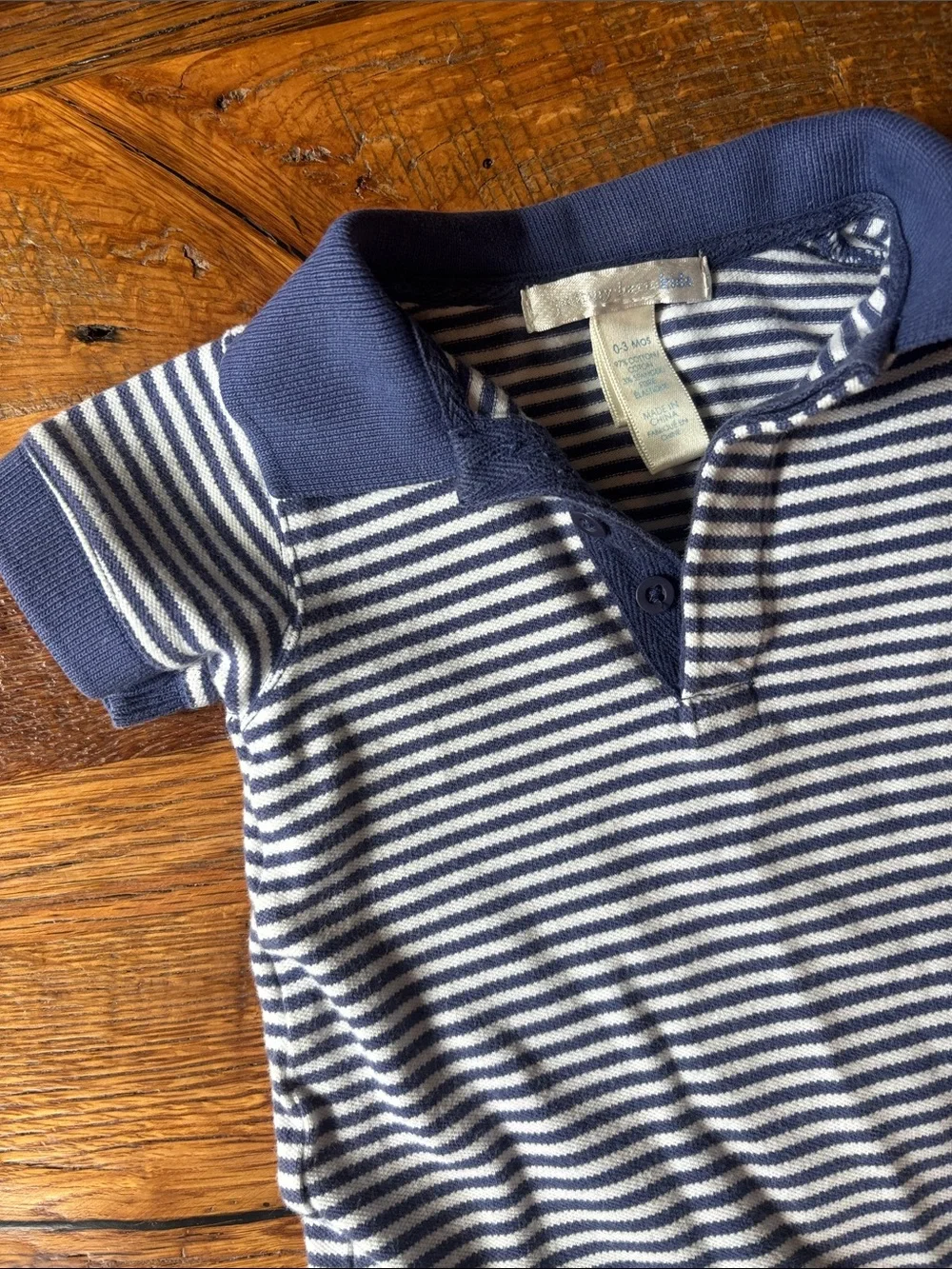 Pottery Barn Kids Striped Baby Polo Romper in Navy and White 0-3 month